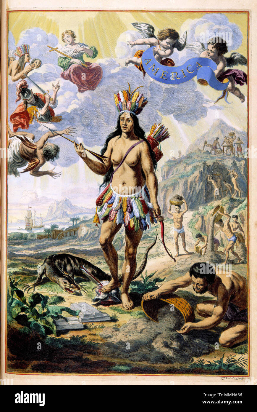 . Nederlands: Deel: 4 Titelblad] AMERICA. Nederlands: vierde kwart 17de eeuw inglese: quarta parte del XVII secolo . Autore: J. Falck Sculp. Editore: Onbekend sconosciuto / Atlas Van der Hagen-KW1049B13 071-Titelblad- AMERICA Foto Stock
