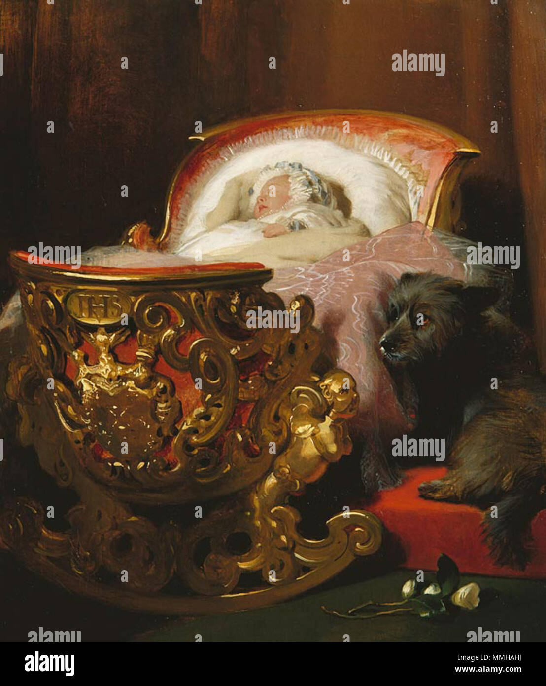 . Inglese: Pittura di baby principessa Alice del Regno Unito da Landseer. Prince Albert ordinato questo dipinto come un regalo a sorpresa per la moglie, la Regina Victoria. . 1843. Alice del Regno Unito Foto Stock