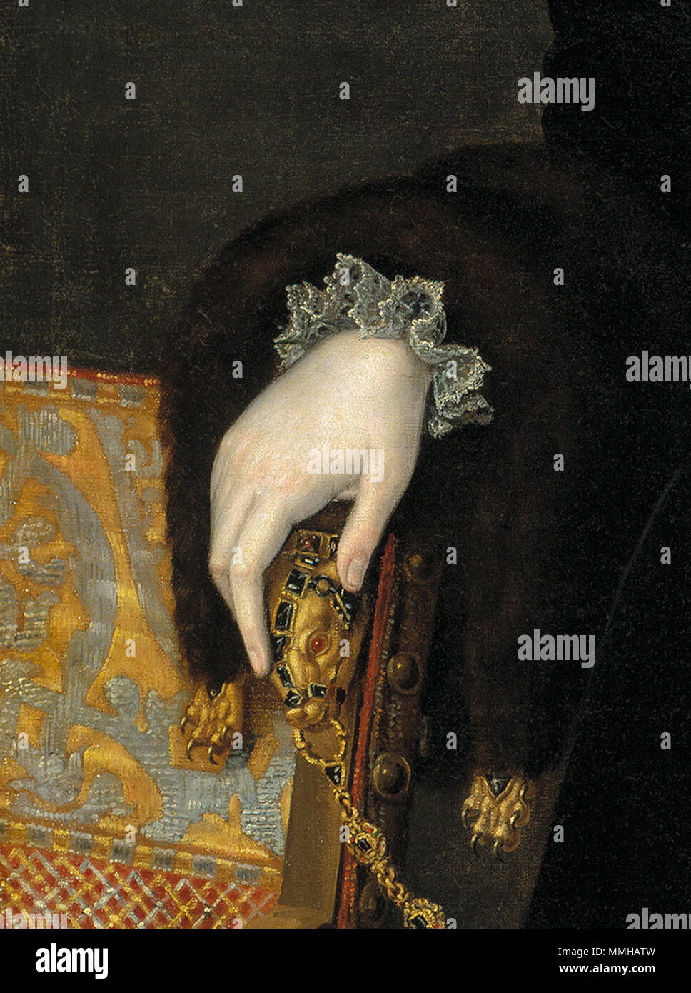 . Inglese: Isabel de Valois era la figlia del re Enrico II di Francia e Caterina de' Medici. Nato nel 1546, sposò Filippo II nel 1559, contribuendo a consolidare il processo di pace tra la Spagna e la Francia. Lei era probabilmente il monarca spagnolo più stretti della moglie e ha giocato un ruolo politico nel corso del suo regno. È stata la madre del infantas Isabel Clara Eugenia e Catalina Micaela, la cui matrimoni erano stati pianificati per rafforzare la presenza spagnola nelle Fiandre e Savoia. La regina indossa un austero nero abito di velluto in armonia con la moda spagnola a quel tempo, ma ella è adornata con sumptuou Foto Stock