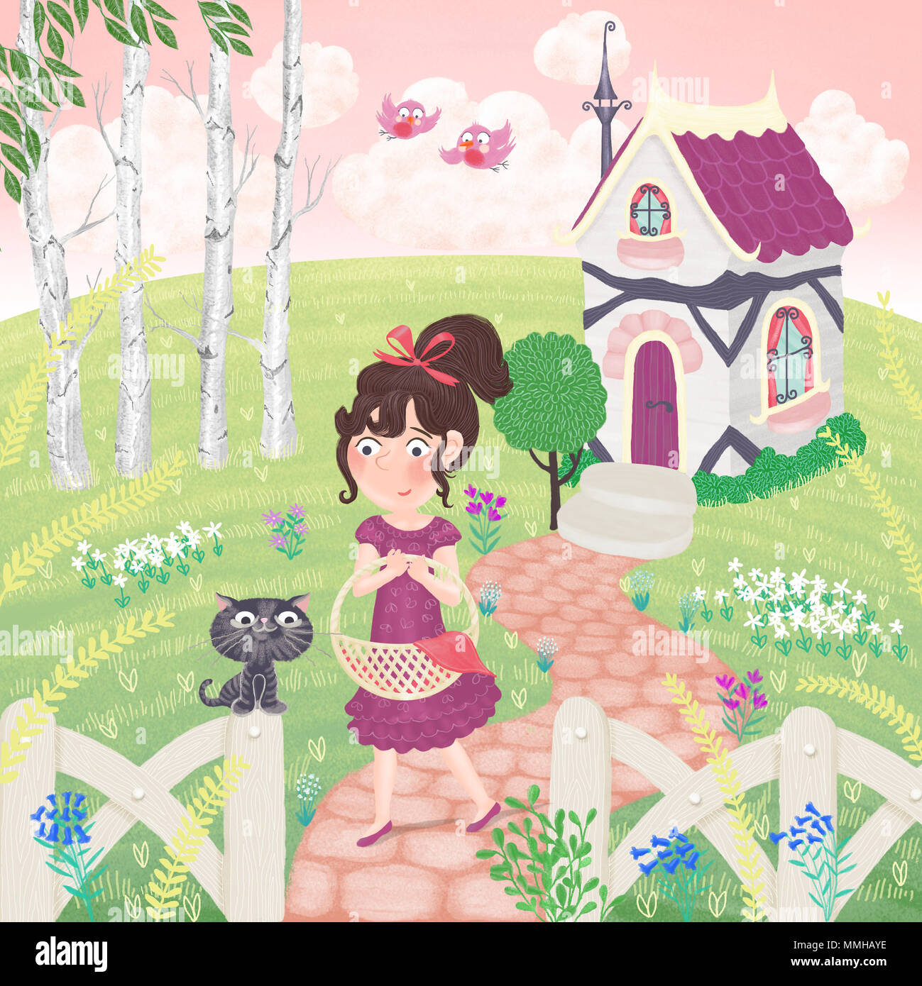Una illustrazione di una ragazza in un giardino con un gatto seduto su un palo da recinzione con una casa in background. Foto Stock