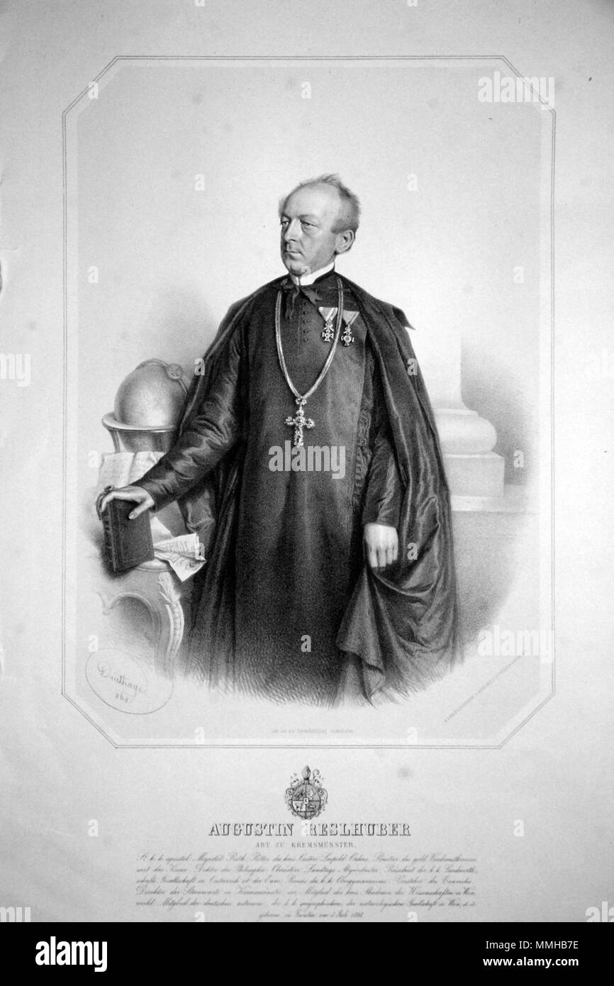 . Deutsch: Augustin Reslhuber (1808-1876), österreichischer Priester, Mathematiker, Astronom, Abt des Benediktinerstifts Kremsmünster, Abgeordneter zum Herrenhaus. Lithographie von Adolf Dauthage, 1868 . 1868. Adolf Dauthage (1825-1883) Augustin Reslhuber Litho Foto Stock