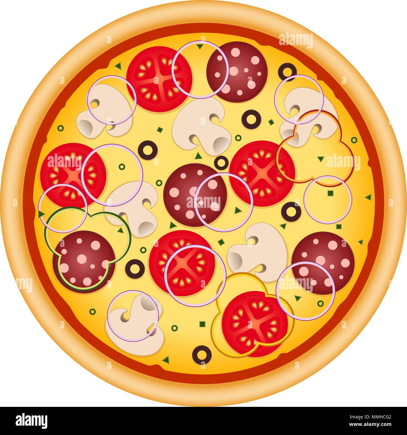Pizza con funghi, salame, pomodoro e salsiccia. Illustrazione per la pubblicità, siti web, flyer, banner design. Illustrazione Vettoriale. Illustrazione Vettoriale