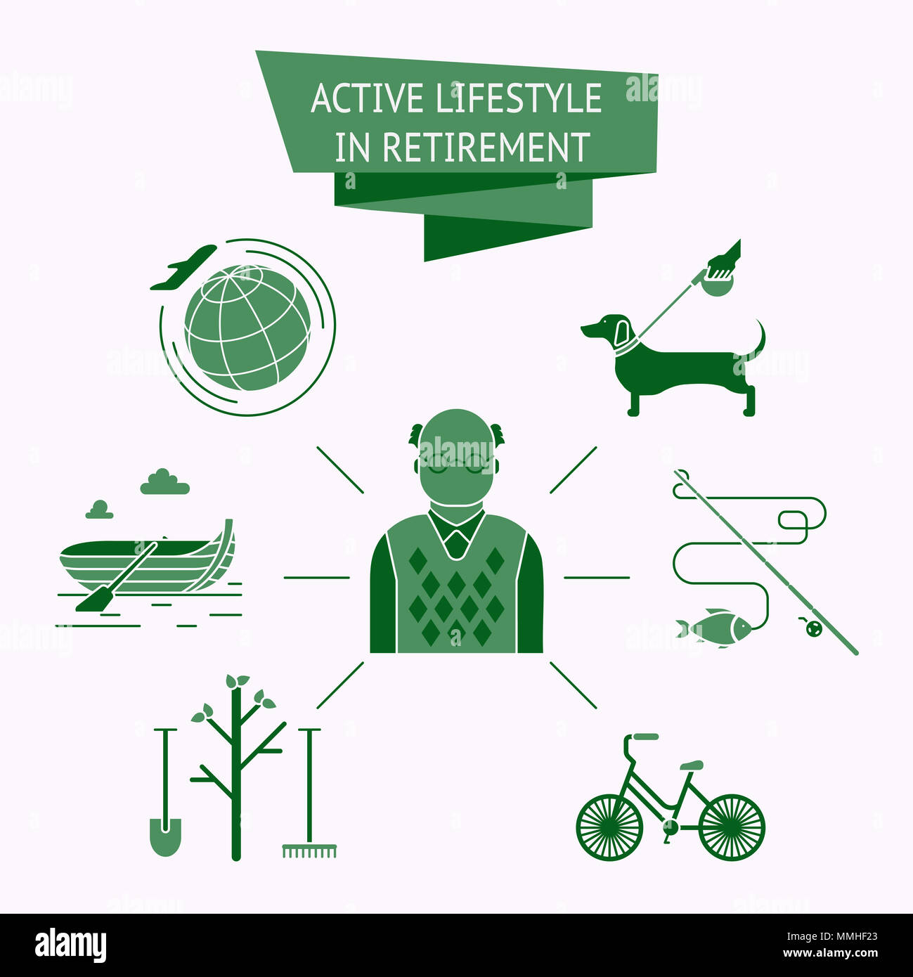 Uno stile di vita attivo in pensione, verde icona impostare Foto Stock