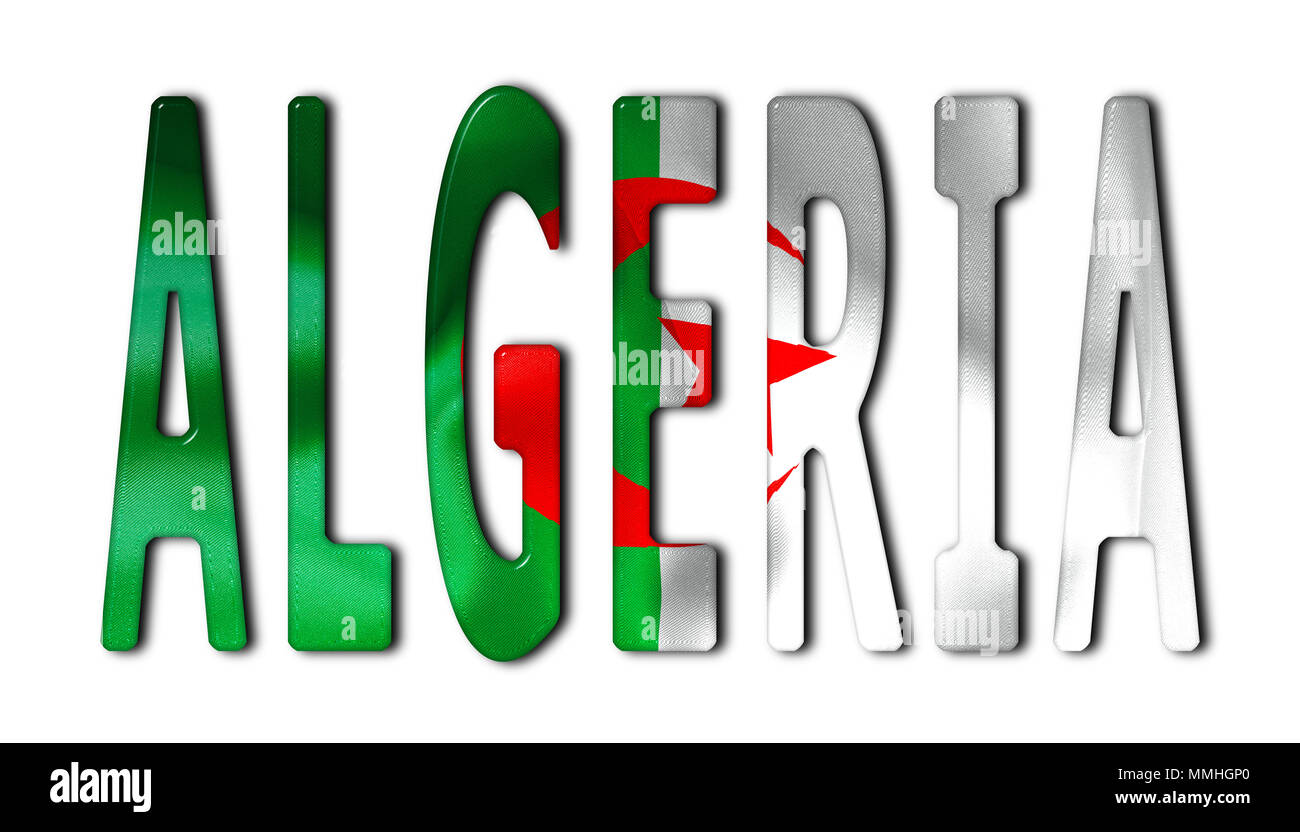 Algeria parola con una bandiera smussato texture isolato su un fondo bianco con un tracciato di ritaglio con e senza ombre Foto Stock