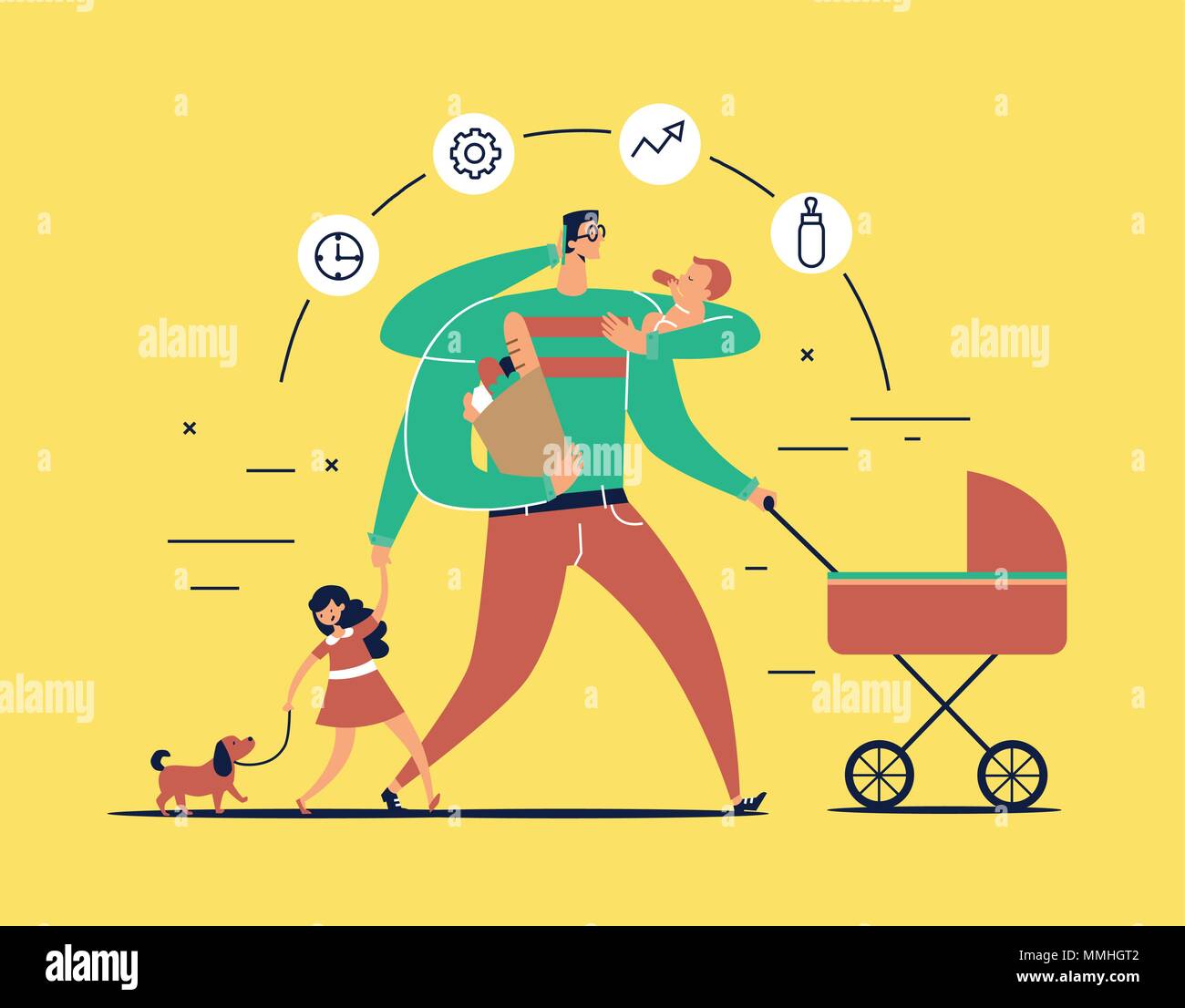 Uomo con le icone delle attività attorno alla testa e più bracci porta neonato, passeggino Borsa con cibo, parla al telefono e conduce la figlia a piedi cane al guinzaglio. Concetto di unico Padre. Illustrazione Vettoriale Illustrazione Vettoriale
