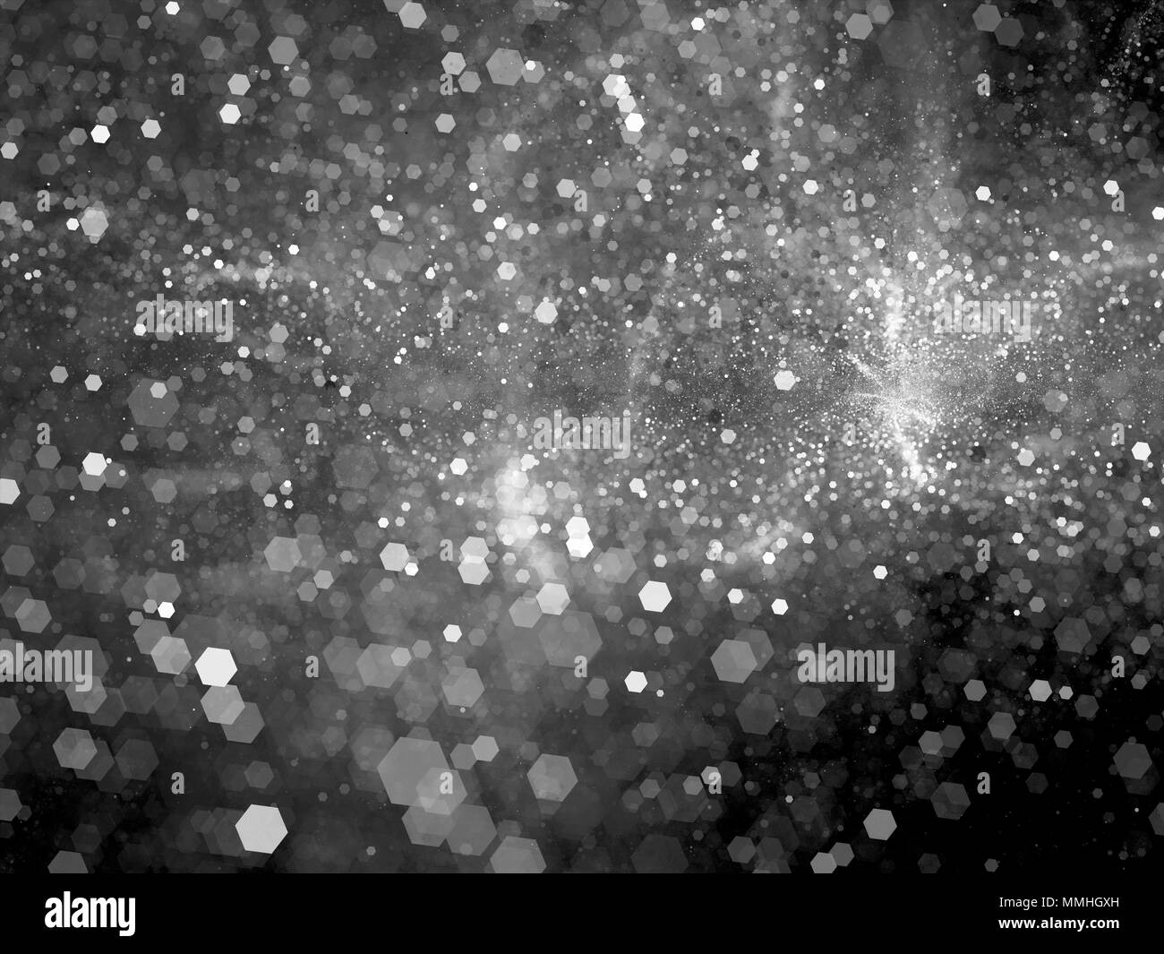 Incandescente esagonale sfondo bokeh computer generated texture in bianco e nero, 3D rednering Foto Stock