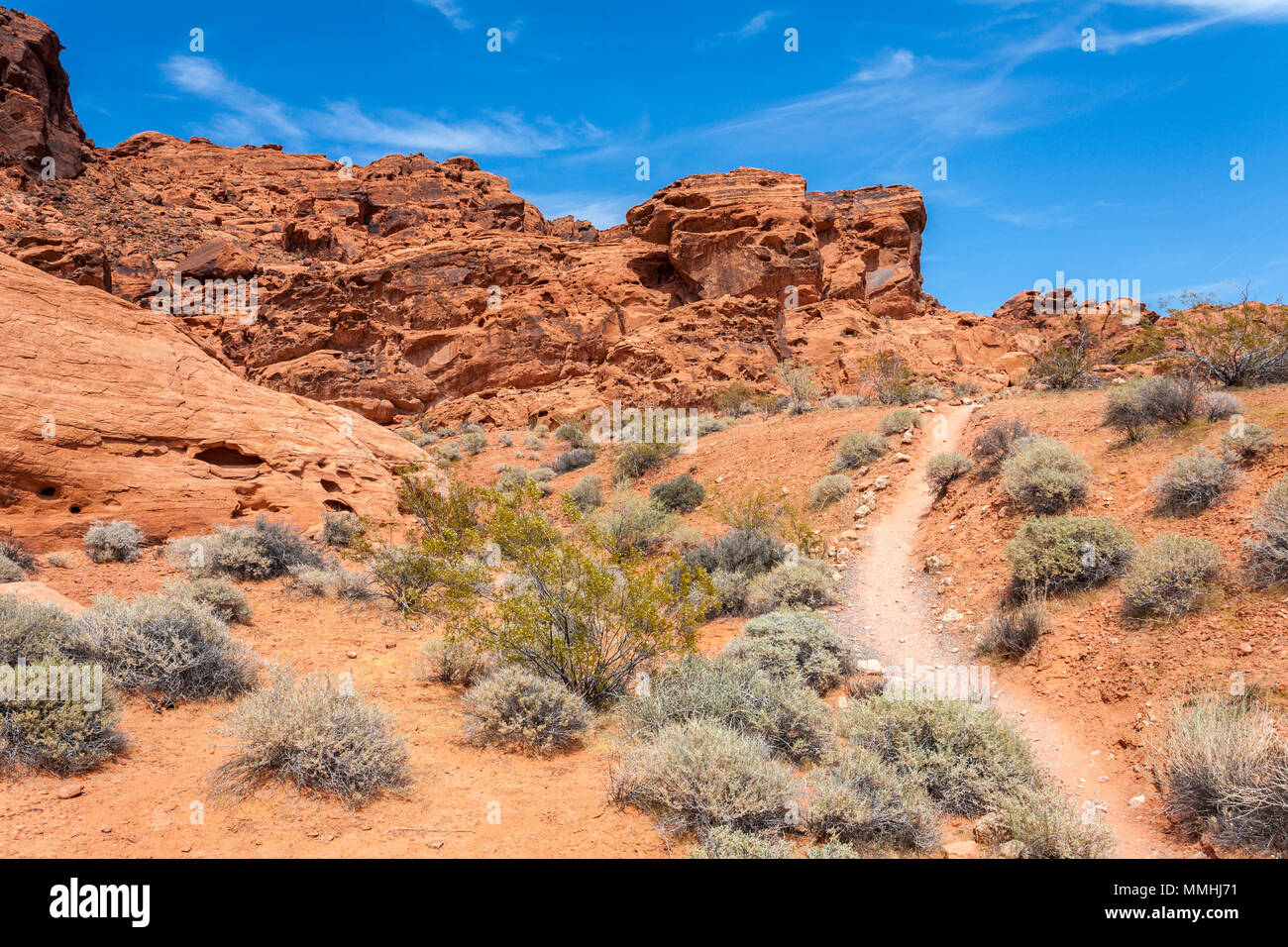 Il sentiero si snoda attraverso il red Aztec roccia arenaria formazioni in il Parco della Valle di Fire State in Overton, Nevada a nord-est di Las Vegas Foto Stock