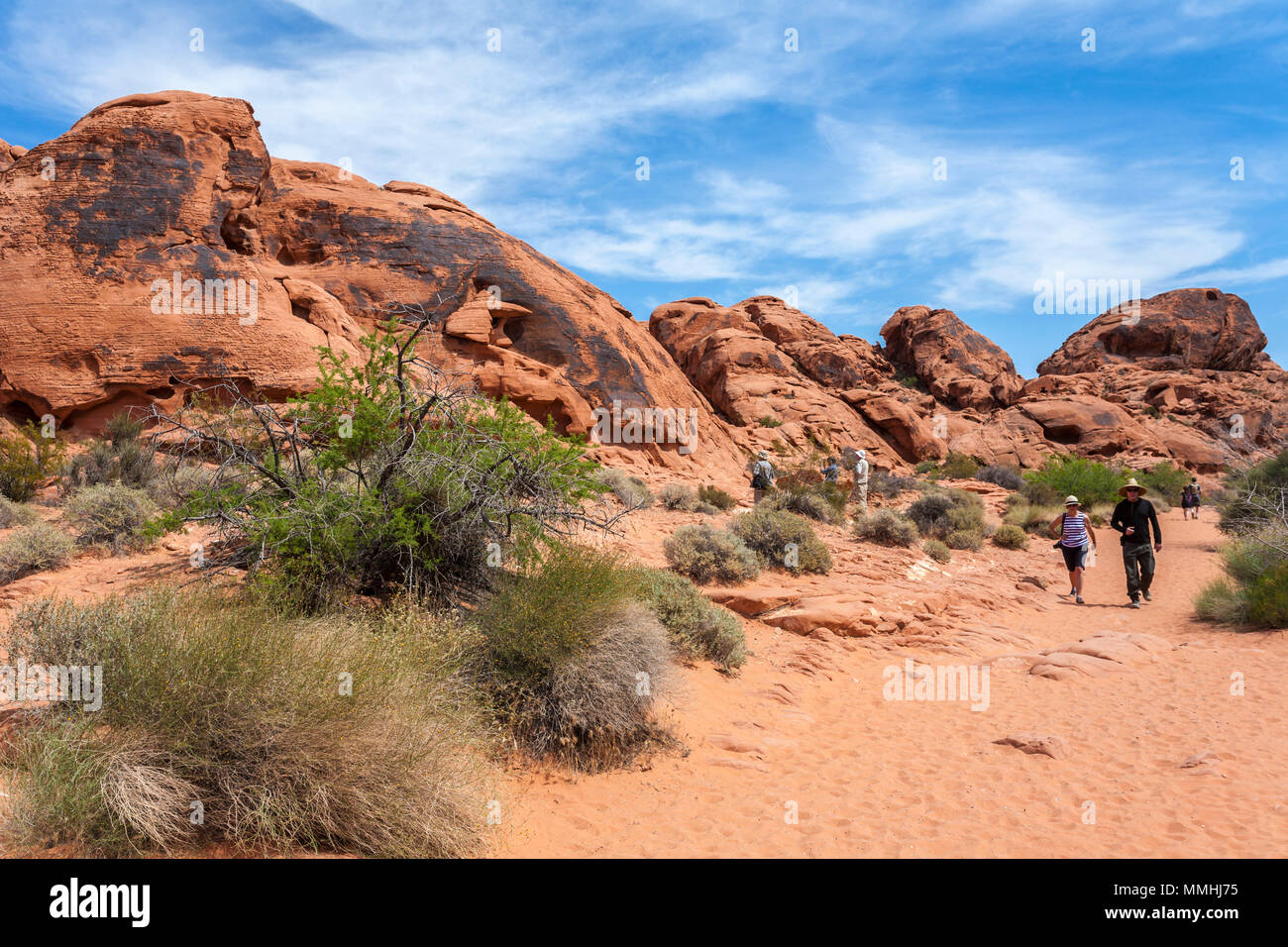 Ai visitatori la possibilità di fare trekking sul Sentiero attraverso il red Aztec roccia arenaria formazioni in il Parco della Valle di Fire State in Overton, Nevada a nord-est di Las Vegas Foto Stock