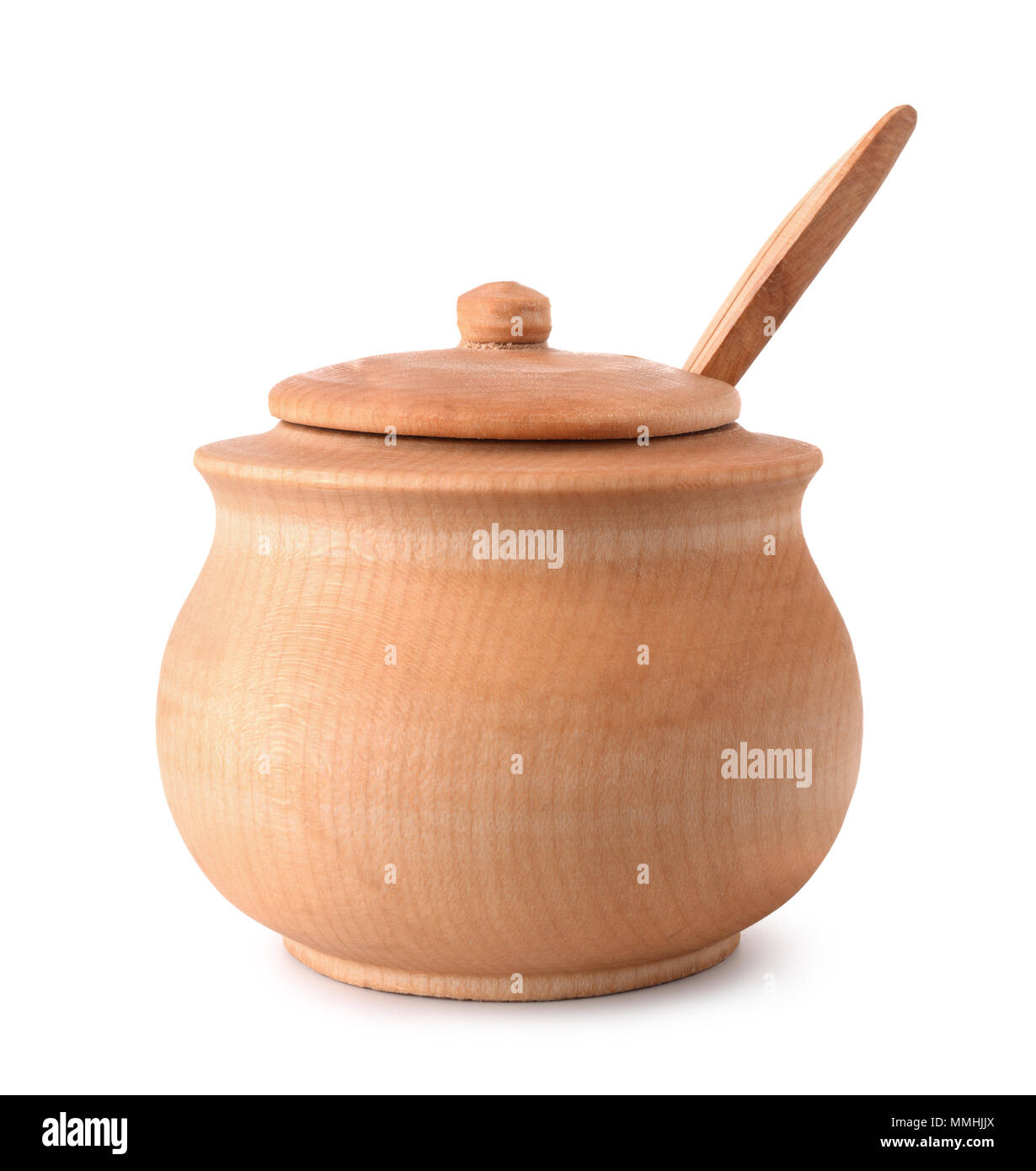 Vista frontale del vaso di legno isolato su bianco Foto Stock