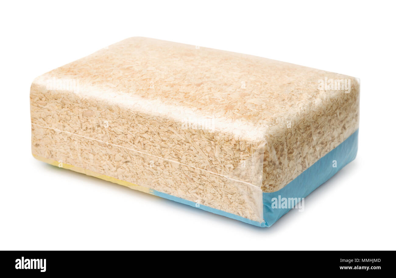 La segatura confezione in plastica isolato su bianco Foto Stock