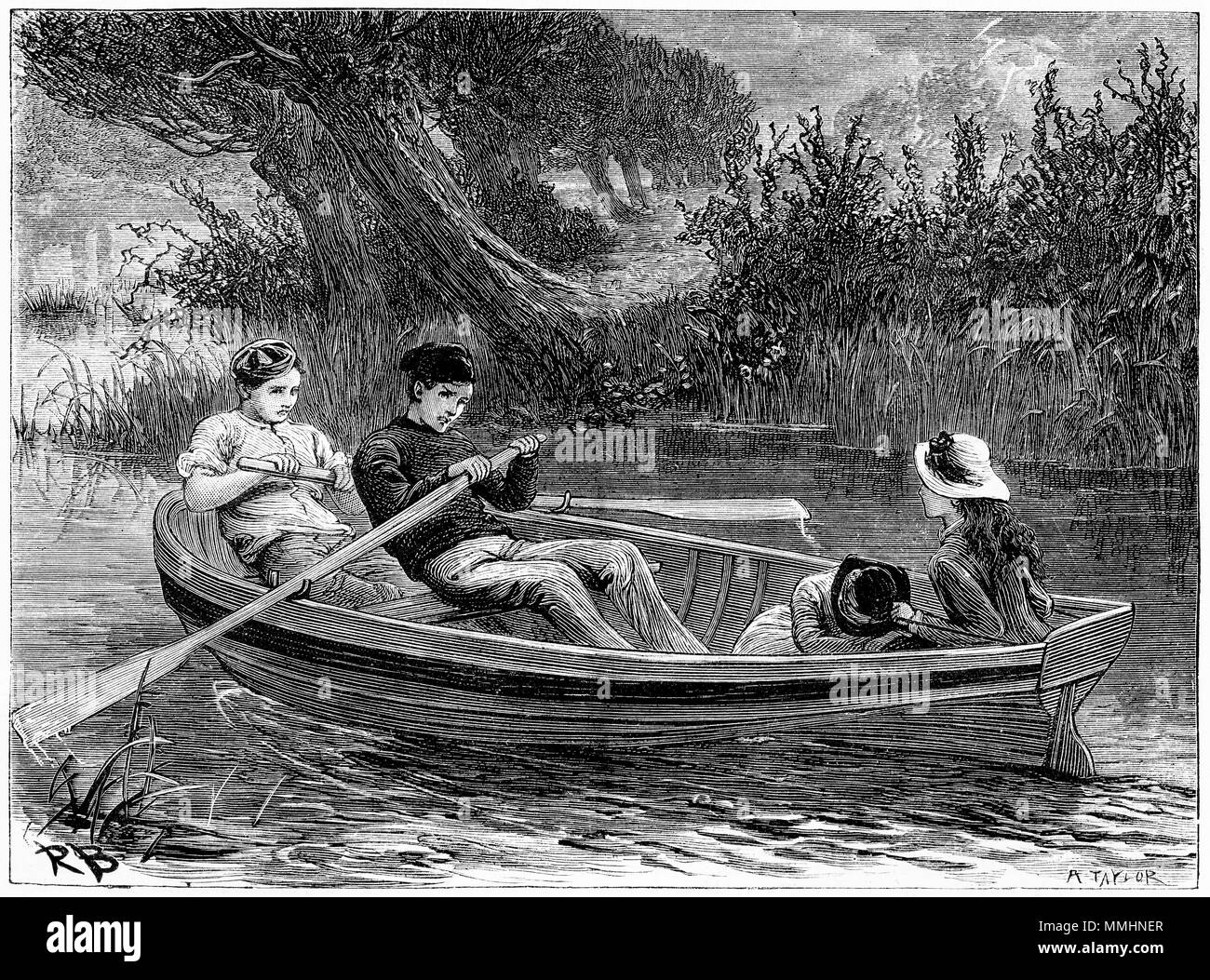 Incisione di quattro giovani in una barca a remi. Da un'incisione originale in La ragazza del proprio magazzino carta 1883. Foto Stock