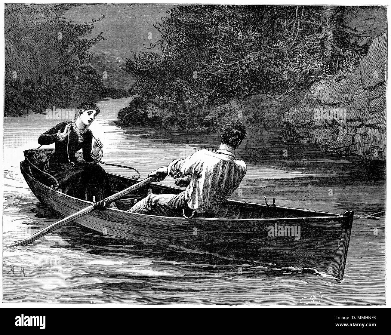 Incisione di una giovane coppia in una barca a remi. Da un'incisione originale in La ragazza del proprio magazzino carta 1883. Foto Stock