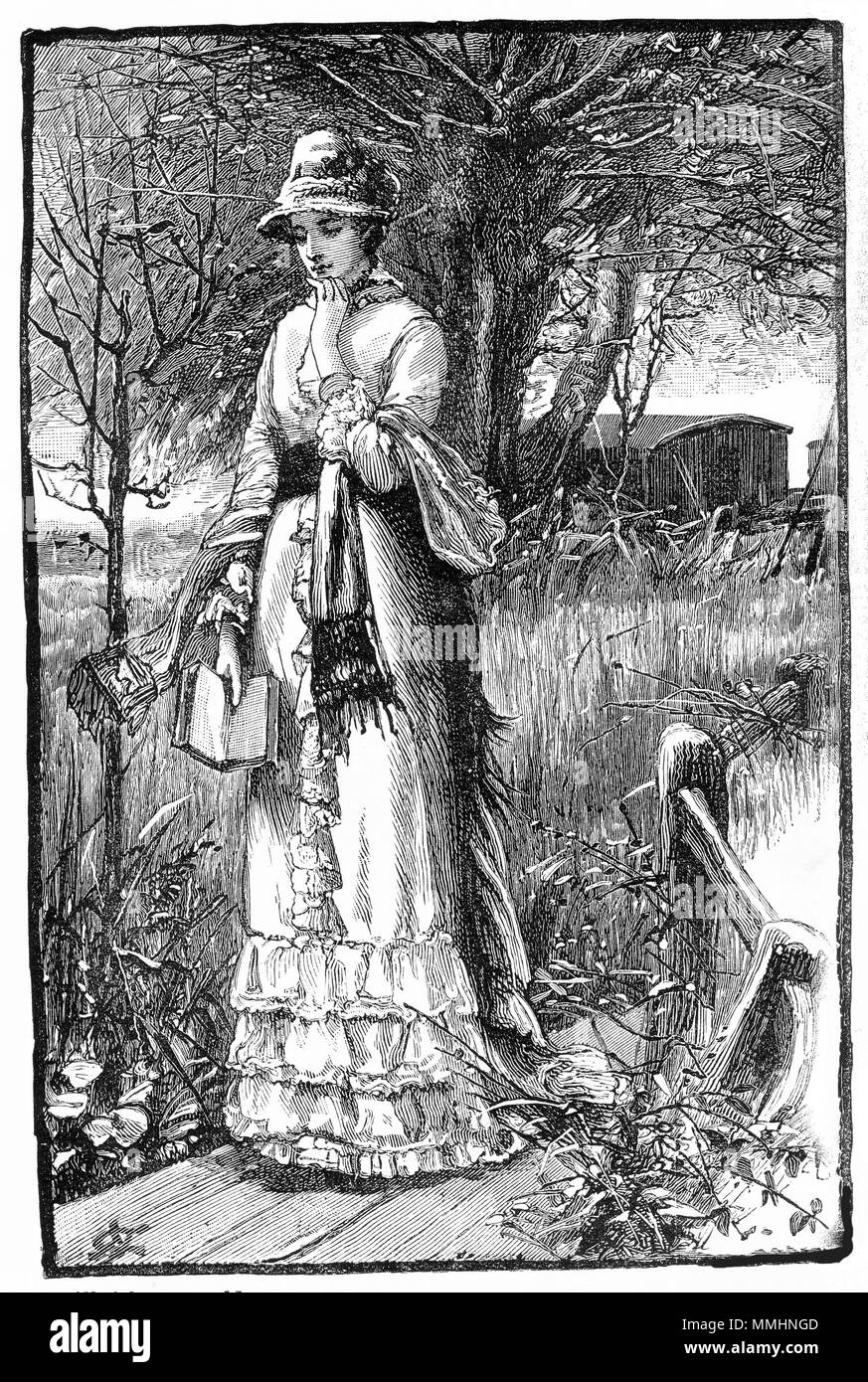 Incisione di una premurosa giovane donna. Da un'incisione originale in La ragazza del proprio magazzino carta 1883. Foto Stock