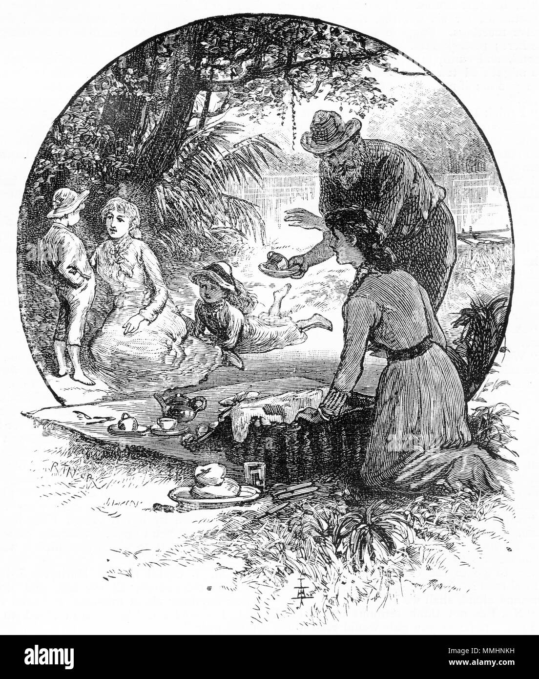 Incisione di una famiglia godendo un picnic in campagna. Da un'incisione originale in La ragazza del proprio magazzino carta 1883. Foto Stock