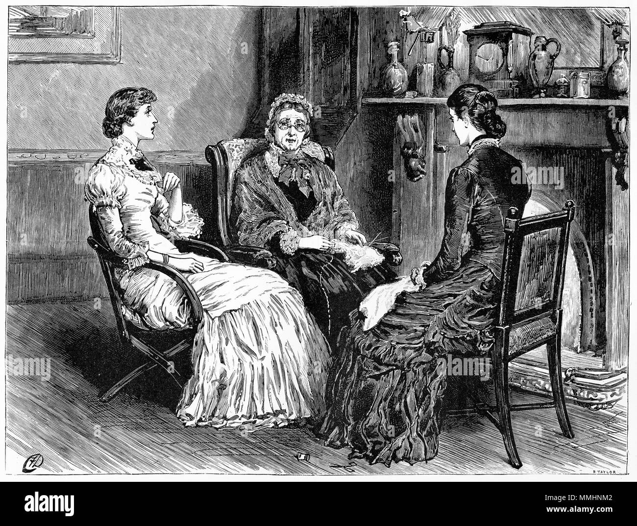 Incisione di una riunione di famiglia dal caminetto. Da un'incisione originale in La ragazza del proprio magazzino carta 1883. Foto Stock Incisione di una riunione di famiglia dal caminetto. Da un'incisione originale in La ragazza del proprio magazzino carta 1883. Foto Stock