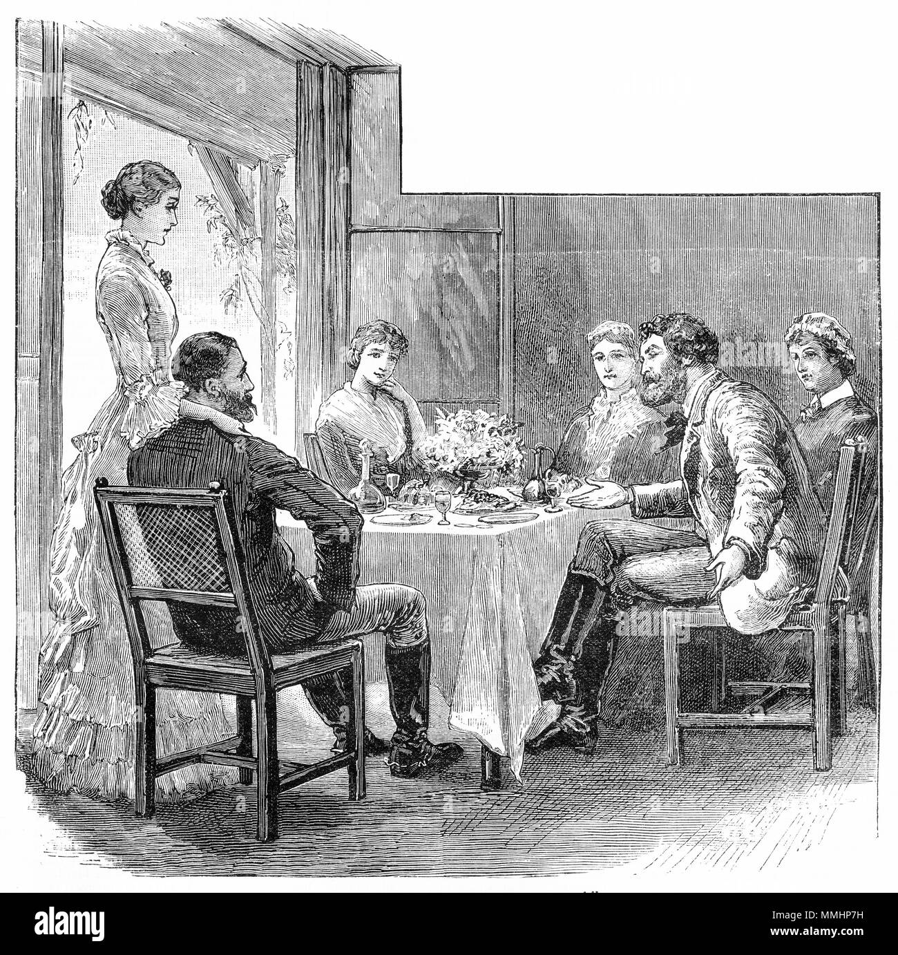 Incisione di una famiglia vittoriana a casa. Da un'incisione originale in La ragazza del proprio magazzino carta 1883. Foto Stock