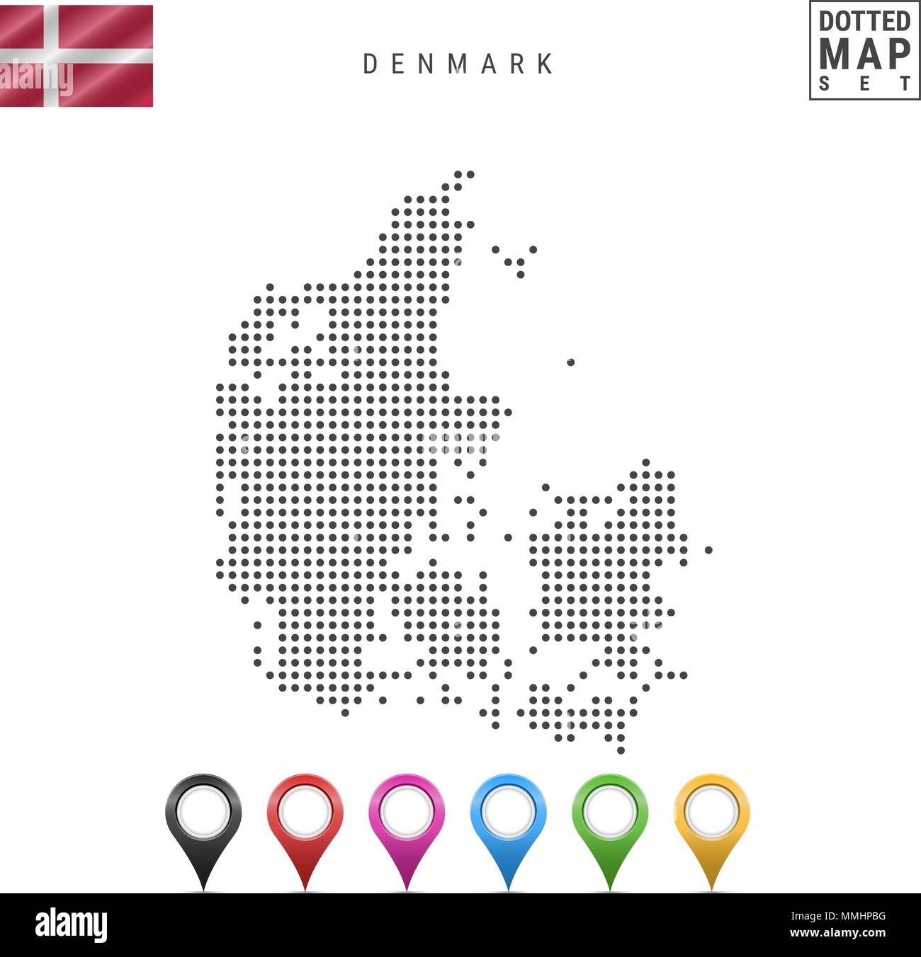 Vettore Mappa punteggiata di Danimarca. Semplice Silhouette della Danimarca. Bandiera Nazionale della Danimarca. Insieme multicolore i marcatori mappa Illustrazione Vettoriale
