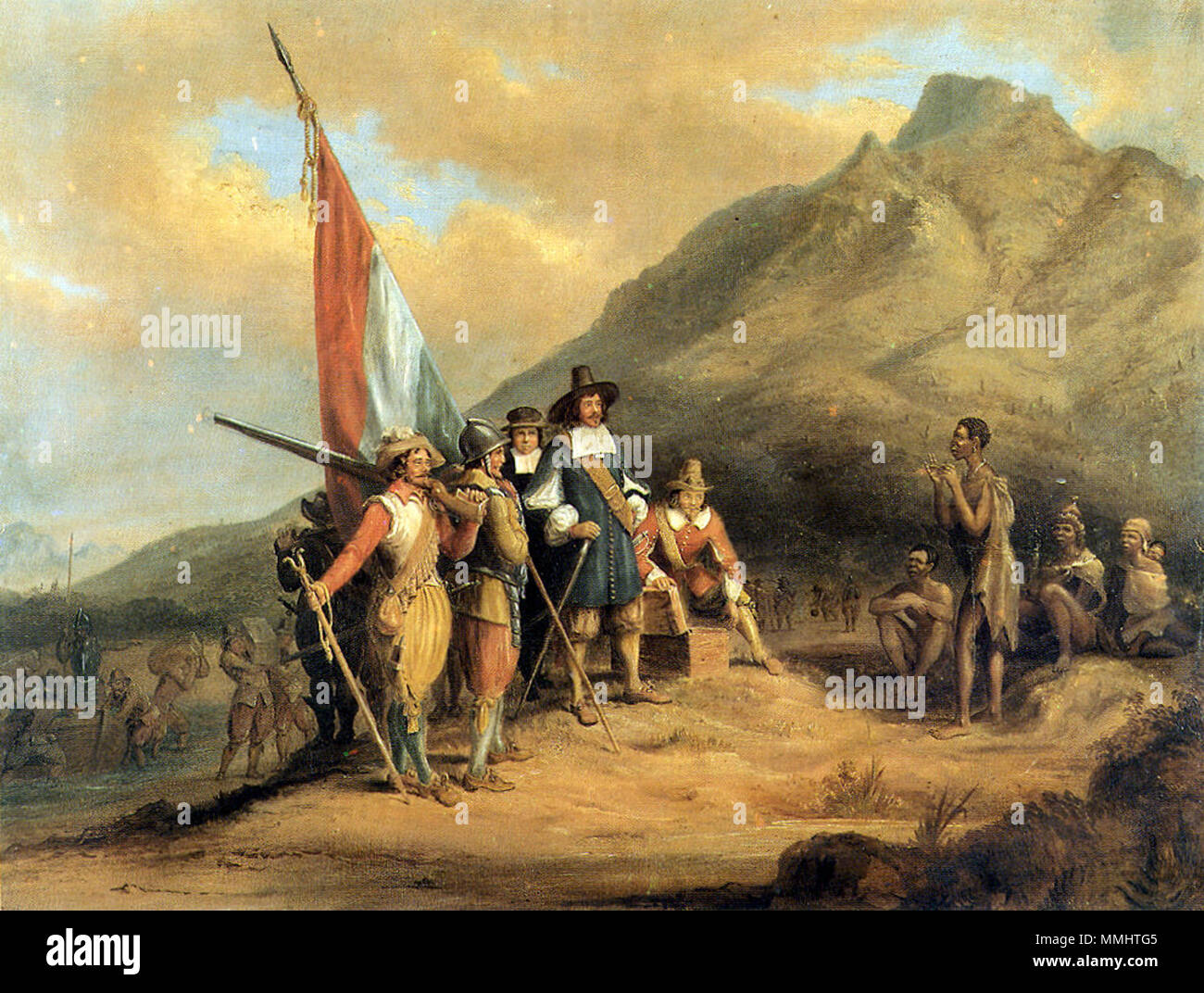 . Afrikaans: Jan van Riebeeck terreni in Tafelbaai in aprile 1652. Inglese: Jan van Riebeeck arriva nella baia della tavola in aprile 1652. Русский: Прибытие Яна ван Рибека в Столовую бухту в апреле 1652 года. . Nessun dato. Certamente durante la vita dell'autore.. Charles Davidson Bell (1813-1882) nomi alternativi Charles Bell Descrizione artista sudafricano e pittore Data di nascita e morte 22 Ottobre 1813 7 aprile 1882 Luogo di nascita e morte Fifeshire, Scozia Edimburgo, Scozia sede di lavoro Sud Africa competente controllo : Q5076755 VIAF:?ISNI 52741979:?0000 0000 4684 1551 LCCN:?N99011574 Foto Stock