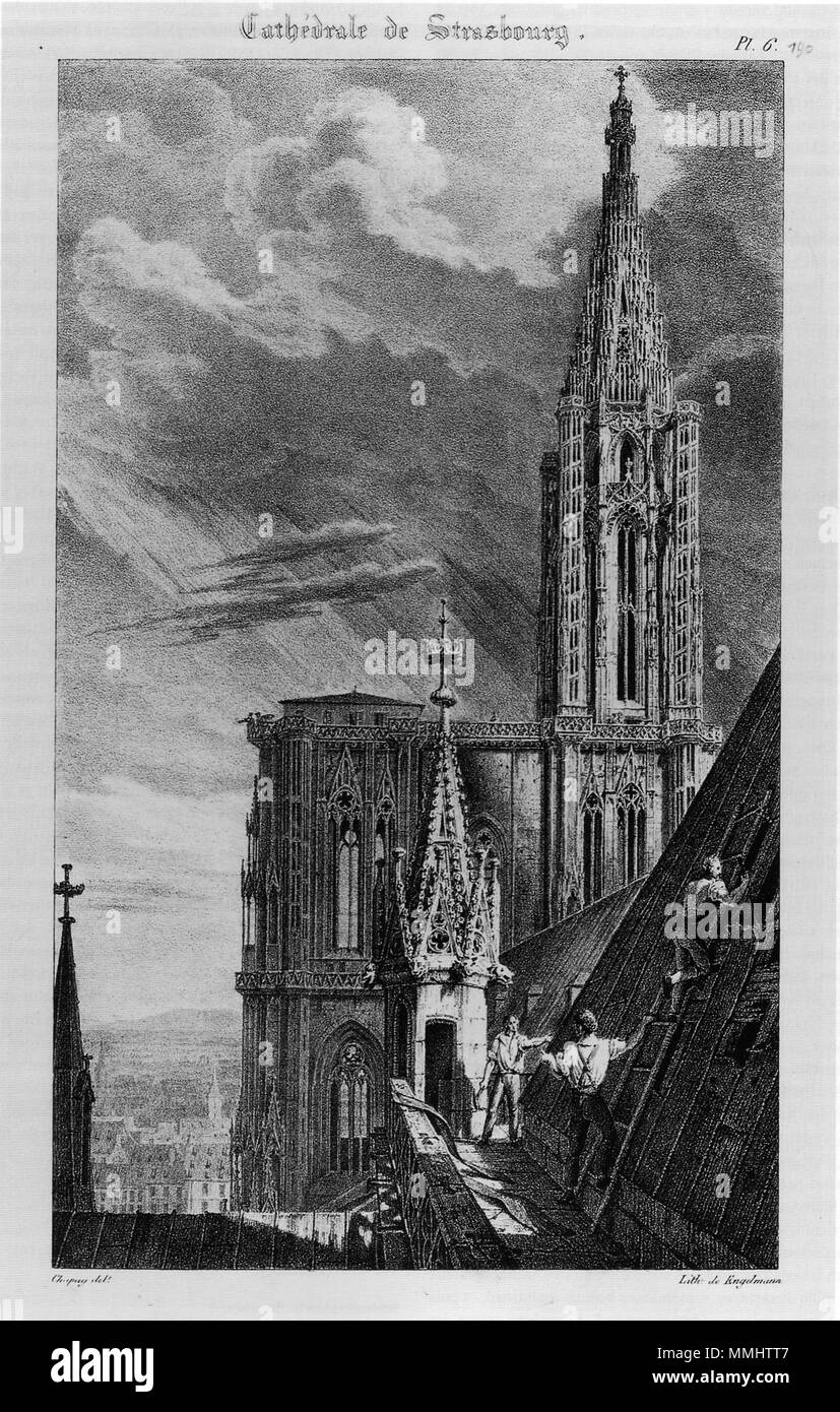 . La tour de la Cathédrale de Strasbourg: Lithographie à la craie, Nicolas-Marie-Joseph Chapuy. Tableau 6 dans: "Vues pittoresques de la Cathédrale des Strasburgo [...] avec onu texte historique et descriptif par J.G. Schweighaeuser [...]" Strasburgo: F.G. Levrault, 1827. [= Volume 5 dans: François-Théodore de Jolimont, Jean-Geoffoy Schweighaeuser, Alexandre du Mège: "Cathédrales françaises dessinées d'après natura et lithographiées par Nicolas-Marie-Joseph Chapuy." 13 Vol. Parigi: Engelmann & Cie., 1825-1831. . Vedere la descrizione/scansione 2008 apr. Nicolas-Marie-Joseph Chapuy (1790-1858) Alt Foto Stock