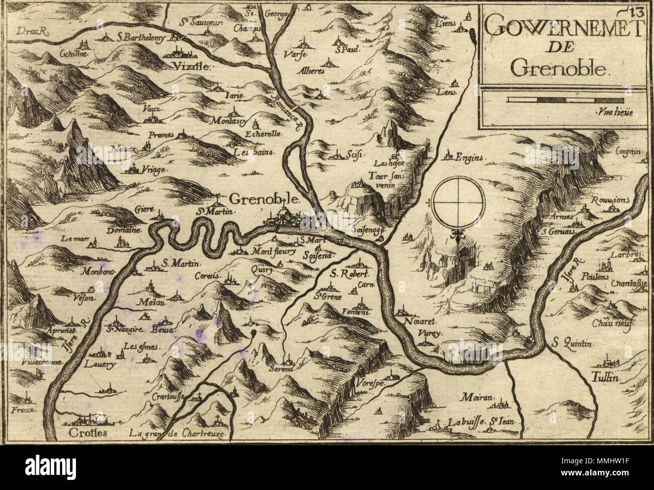 . Français : Carte géographique ancienne de la Région de Grenoble (Isère - Dauphiné - Francia) par Tassin aux alentours de 1638). Il est intéressant de noter l'orientamento inhabituelle Sud - Nord de cette carte ainsi que la toponymie très différente de celle d'aujourd'hui. Ainsi par esempio, Meylan était alors orthographié Mélan. Un noter l'inversione entre Drac et romancio inglese: vecchia mappa di Grenoble (Dauphiné - Isère - Francia) da Tassin circa 1638. Di interesse è il non convenzionale orientamento sud-nord di questa mappa come pure i diversi toponomia. Per esempio, Meylan è mostrato come 'Méla Foto Stock