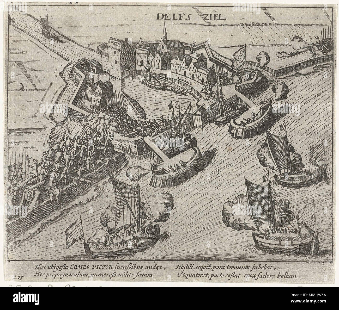 . Raffigurazione della cattura di Delfzijl da Maurizio di Nassau, 1 luglio 1591. L ASSALTO, che può essere visto su questa stampa, non ha mai avuto luogo. Invece la città surrenderd a Maurice senza una lotta. Questa stampa proviene dal workshop di Frans Hogenberg ed è stato successivamente adattato per la pubblicazione in Willem Baudartius's Polemographia Auraico Belgica (Amsterdam, 1622). Cattura di Delfzijl da Maurice, 1591. Tra il 1613 e il 1615. De inname van Delfzijl porta Prins Maurits nel 1591 - La cattura di Delfzijl dal Principe Maurice in 1591 Foto Stock