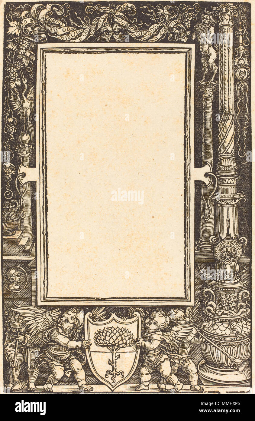 R-20101105-0075.jpg Albrecht Dürer (tedesco, 1471 - 1528 ), Title-Border con putti recanti i bracci Pirckheimer, probabilmente 1513, Xilografia su carta vergata, Ailsa Mellon Bruce Fund Albrecht Dürer - Title-Border con putti recanti i bracci Pirckheimer (NGA 1984.20.1) Foto Stock