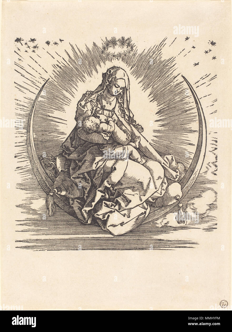 R-20101130-0038.jpg Albrecht Dürer (tedesco, 1471 - 1528 ), la Madonna in Crescent, 1510/1511, Xilografia su carta vergata, dono del Kimbell Art Foundation, cortesia Ruth Carter Stevenson Albrecht Dürer - La Madonna sulla Crescent (NGA 1987.40.1) Foto Stock