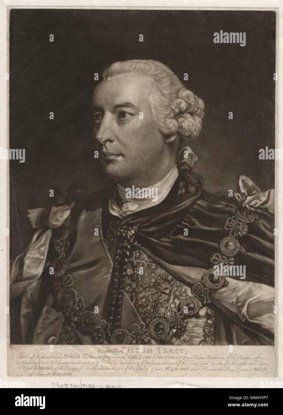 . Inglese: Hugh Percy, primo duca di Northumberland (1712-1786) da; dopo Edward Fisher; Sir Joshua Reynolds,print,circa 1762-1766 primo duca di Northumberland Foto Stock