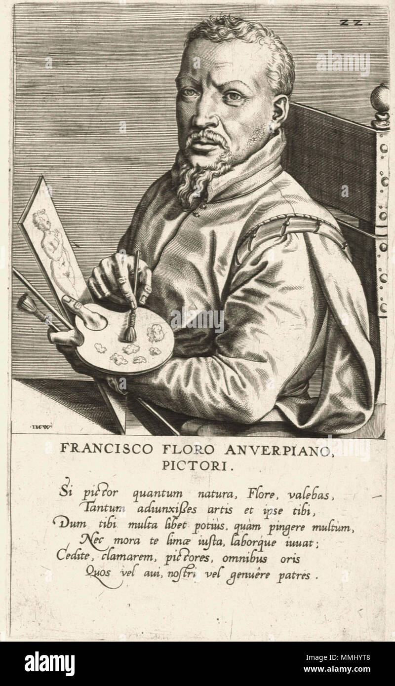 . Inglese: Ritratto di Frans Floris attribuito a Johannes (Jan) Wierix, incisione, 1572, dal Pictorum aliquota Germaniae Inferioris effigi da Dominicus Lampsonius . 1572. Johannes Wierix (circa 1549-circa 1615) nomi alternativi Jan Wierix, Jan Wiericz; Johan Wiericz; Johan Wierix; Jan Wierx; Johan Wierx; Jan Wiricx; Johan Wiricx; Monogrammist IHW Descrizione printmaker fiamminga, disegnatore e pittore e miniatore Data di nascita e morte circa 1549 circa 1615 Luogo di nascita e morte Anversa Anversa periodo di lavoro tra circa 1569 e circa 1615 sede di lavoro autorità di Anversa Foto Stock