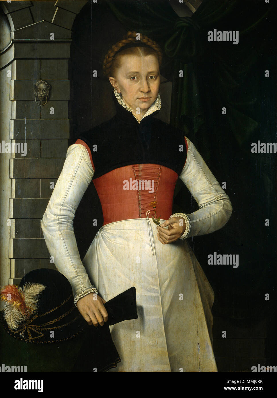 . Inglese: Ritratto di una dama tenendo un fiore giallo. Español: Dama con unà flor amarilla . 1567. Adriaen van Cronenburg Signora con un fiore giallo Foto Stock