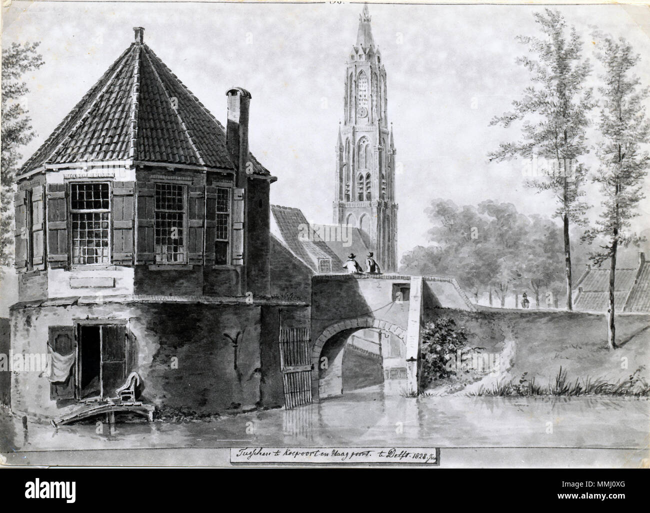 . Nederlands: Aan de achterkant maakte hij een deur Boven het acqua met een vlondertje waarop je heel goed op een stoel kon zitten, zoals de tekening van Balthasar Jooss uit 1828. laat zien . 1828. Balthasar Jooss Deur incontrato vlonder Boven het acqua Foto Stock