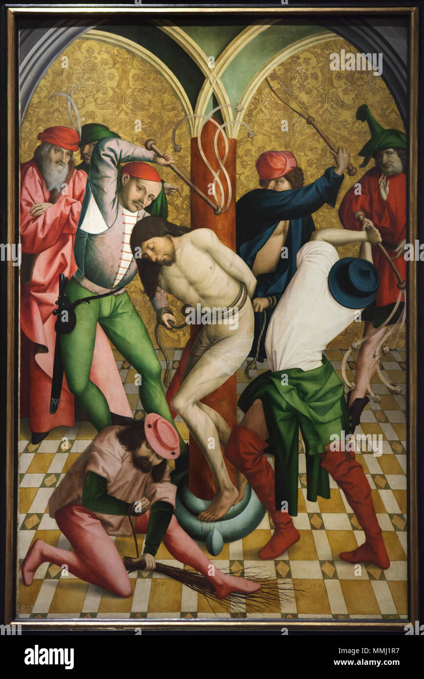 Flagellazione di Cristo. Stile tardo gotico pannello della pala di Salisburgo dal pittore austriaco Rueland Frueauf il vecchio datato 1490-1491 sul display in il Museo Belvedere di Vienna in Austria. Foto Stock Flagellazione di Cristo. Stile tardo gotico pannello della pala di Salisburgo dal pittore austriaco Rueland Frueauf il vecchio datato 1490-1491 sul display in il Museo Belvedere di Vienna in Austria. Foto Stock