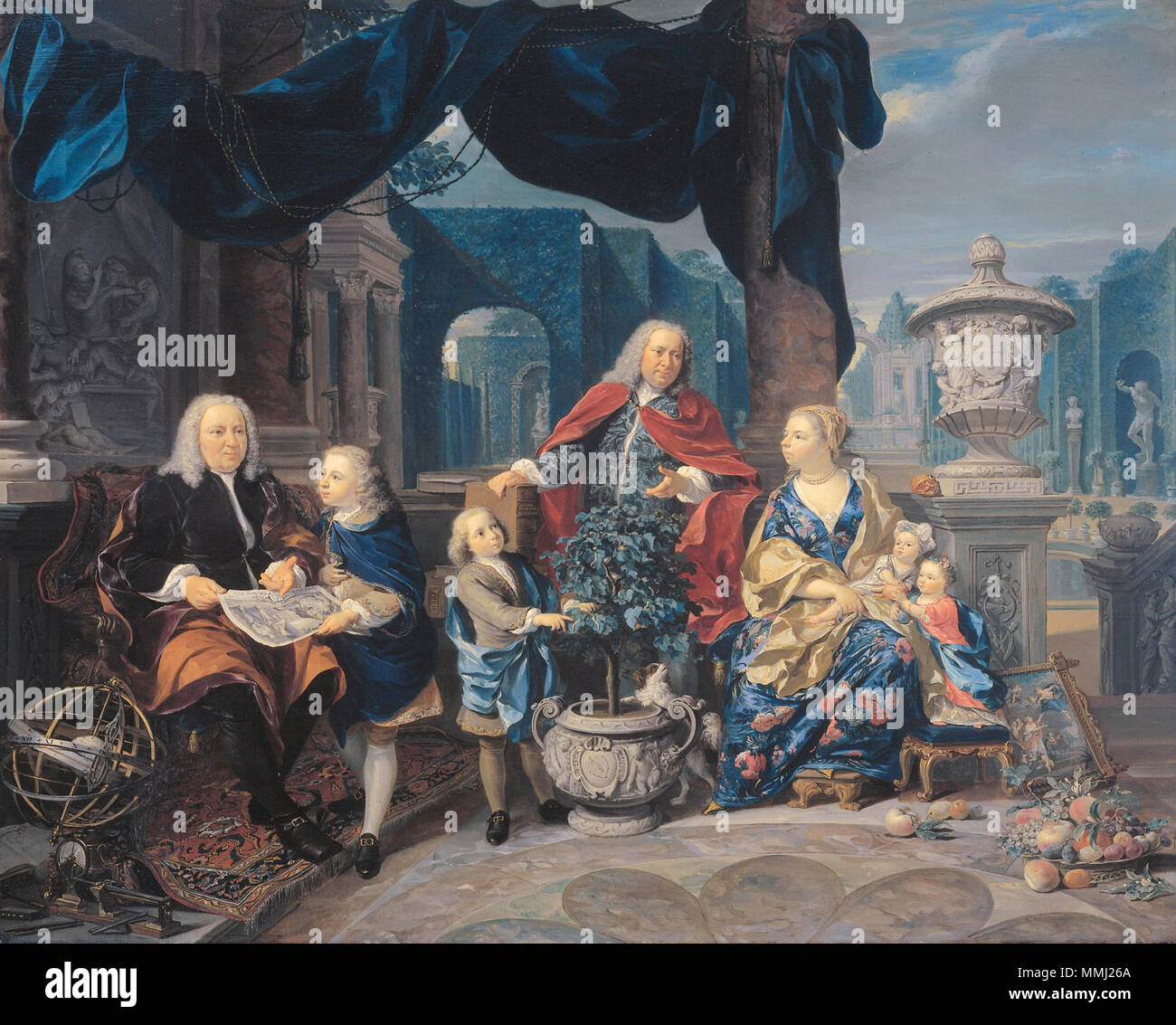 . Sitter: Giacobbe Sijdervelt (nato 1696) e sua moglie Maria van Oosterwijk (nato 1711), David van Mollem (1670-1746), David van Mollem Sijdervelt (nato 1727), Anthony (nato 1731), Willem (nato 1740) e Maria Suzanna Sijdervelt. Ritratto di famiglia della famiglia Sijdervelt.. 1740. David van Mollem (1670-1746) e Giacobbe Sydervelt con la sua famiglia, 1740 da Nicolas Verkolje Foto Stock