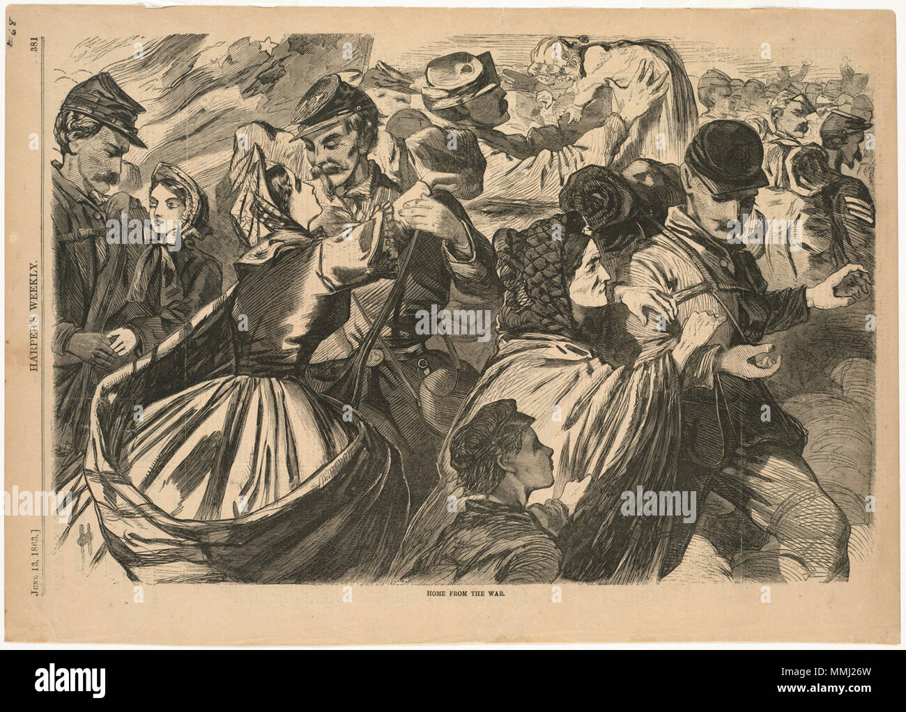 . Inglese: nome file: 10 09 000068 Titolo: Home dalla guerra creatore/collaboratore: Omero, Winslow, 1836-1910 (artista) Data di pubblicazione: 1863-06-13 Descrizione fisica: 1 stampa : incisione su legno Genere: incisioni su legno; illustrazioni periodiche note: Pubblicato in: Harper's Weekly, Volume VII, 13 giugno 1863, p. 381.; Firmato in basso a sinistra: H. Collezione: Winslow Homer posizione raccolta: Boston Public Library, reparto di stampa diritti: No restrizioni note Flickr dati su 2011-08-11: Fotocamera: Sinar AG Sinarback 54 FW, Sinar m Tags: Winslow Homer utente: Boston Public Library BPL . Il 5 maggio 2011, 11:46:57. BPL Foto Stock