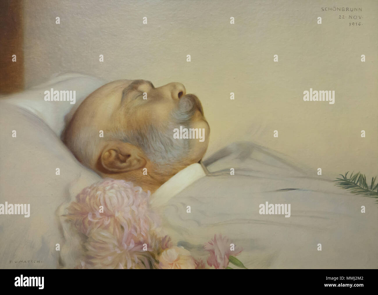 L'imperatore Franz Joseph I dell'Austria sul letto di morte (1916). Dipinto dal pittore austriaco Franz von Matsch in mostra al Museo Belvedere di Vienna in Austria. Foto Stock