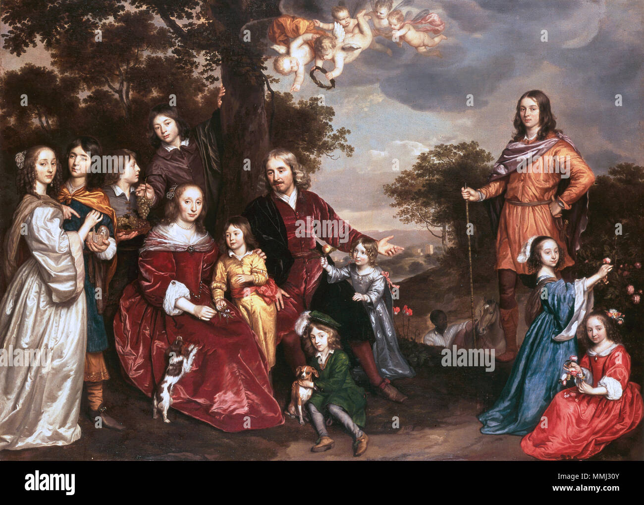 Inglese: Willem van den Kerckhoven e famiglia Nederlands: Familieportret van Willem van Kerckhoven (1607-1681), Raad-ordinaris van het Hof van Holland, zijn echtgenote Rijnsburch (Reijmirick) de Jonge (1609-1679) en hun 15 kinderen . 1652 & 1655. Van den Kerckhoven porta Mijtens Jan Foto Stock