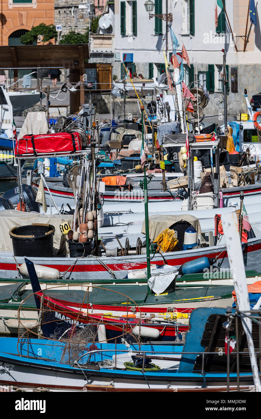 Rustico, la pesca barche ormeggiate in porto, Camogli, Liguria, Italia. Foto Stock