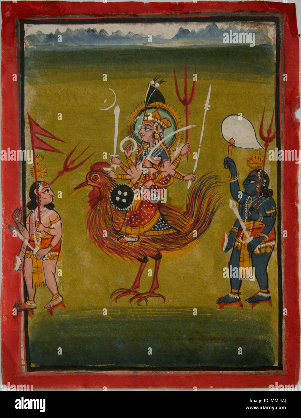 . Inglese: "Bahuchara sul suo galletto vahana (mount), frequentato da Gorabhairava (fiera Bhairava) e Kalabhairava (buio Bhairava). Di Mewar, circa 1820-40. Gouache su warqa. 13,1 x 10cm ' . circa 1820-40. Anonimo Bahuchara Foto Stock