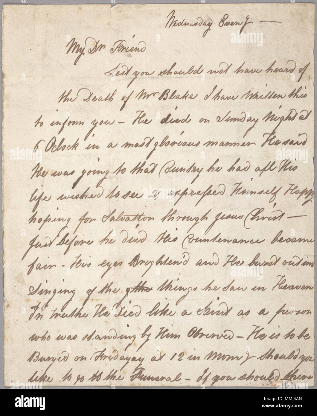 . Inglese: Blake lettera 15AUG1827 1 1 lt 100 . 28 settembre 2011, 10:55:05. William Blake (1757-1827) nomi alternativi W. Blake; Uil'iam Bleik Descrizione British pittore, poeta, scrittore, teologo, collezionista e incisore, Data di nascita e morte 28 novembre 1757 12 agosto 1827 Luogo di nascita e morte Broadwick Street Charing Cross sede di lavoro London Authority control : Q41513 VIAF:?ISNI 54144439:?0000 0001 2096 135X ULAN:?500012489 LCCN:?n78095331 NLA:?35019221 WorldCat questa è una fedele riproduzione fotografica di un bidimensionale, il dominio pubblico opera d'arte. Il lavoro di un Foto Stock