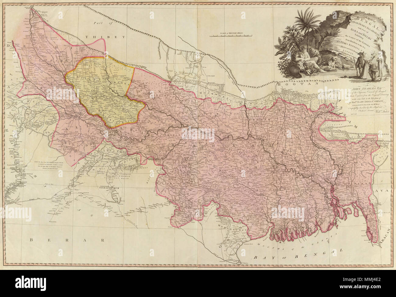 . Inglese: descrizione originale da David Rumsey mappa storica collezione: Autore: Rennell, James, 1742-1830 Data: 1786 Titolo breve: bengala, Bahar, Oude, di Allahabad. Editore: William Faden London Tipo: Atlas Mappa Obj Altezza cm: 72 Obj Larghezza cm: 107 scala 1: 1,480,000 Nota: mappa inciso su 2 fogli. Tutta la mano col. Sollievo mostrato graficamente. Cartiglio ornamentali. "A John maneggio, Esqr. Uno del Consiglio supremo del Bengala. Questa mappa, inciso dal disegno originale sulla stessa scala di cui sono in possesso le Honble. East India Company, comunicata da lui alla fine il sig. Dury, è respectf Foto Stock