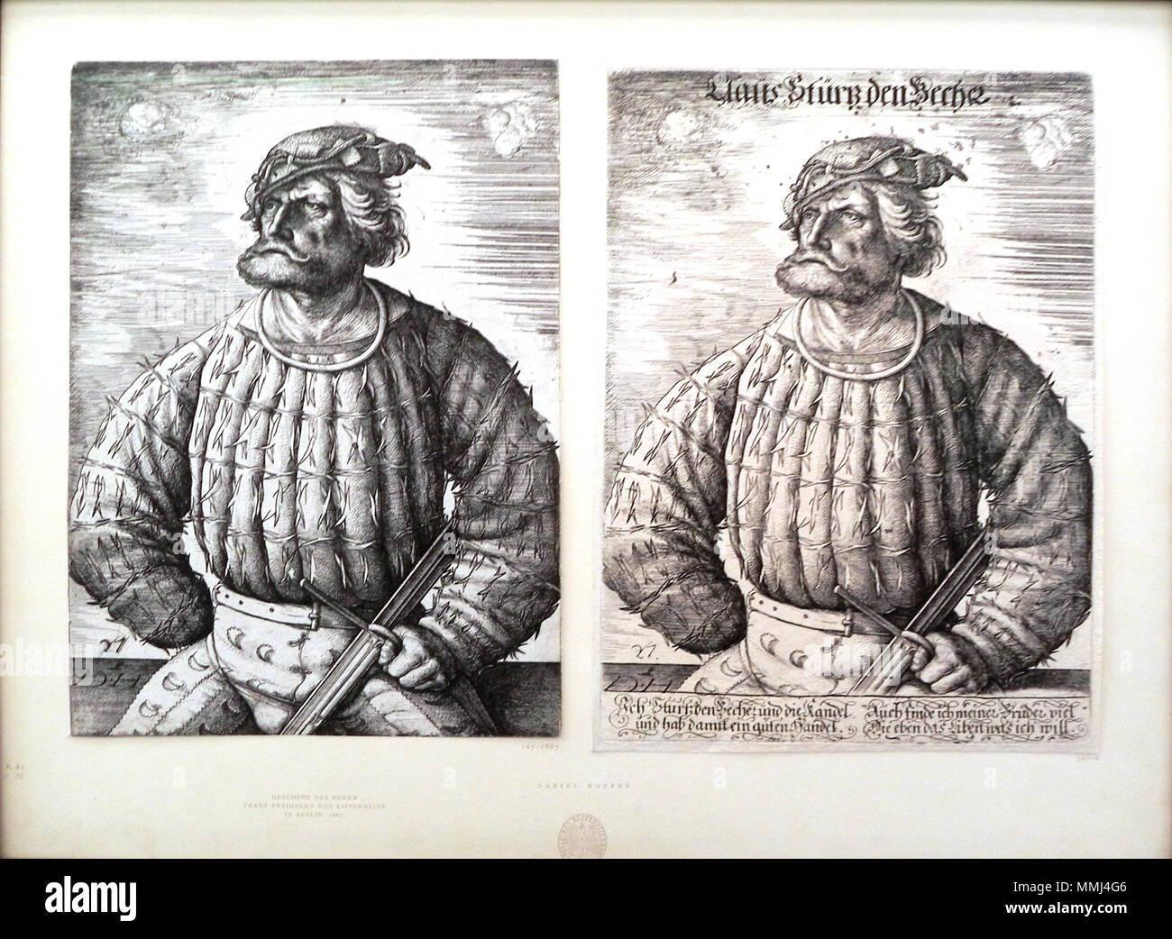 . Inglese: buffone di corte dell'Imperatore Massimiliano I. Commento: Questa immagine è spesso identificato erroneamente come un protrait di pirata Klaus Störtebeker Deutsch: Kunz von der Rosen guerra Hofnarr und Leibwächter Kaiser Maximilians I. Dieses Bild wird oft als Darstellung des Klaus Störtebecker genutzt Kunz von der Rosen (um 1515-1520) Daniel Hopfer Kunz vd Rosen Foto Stock