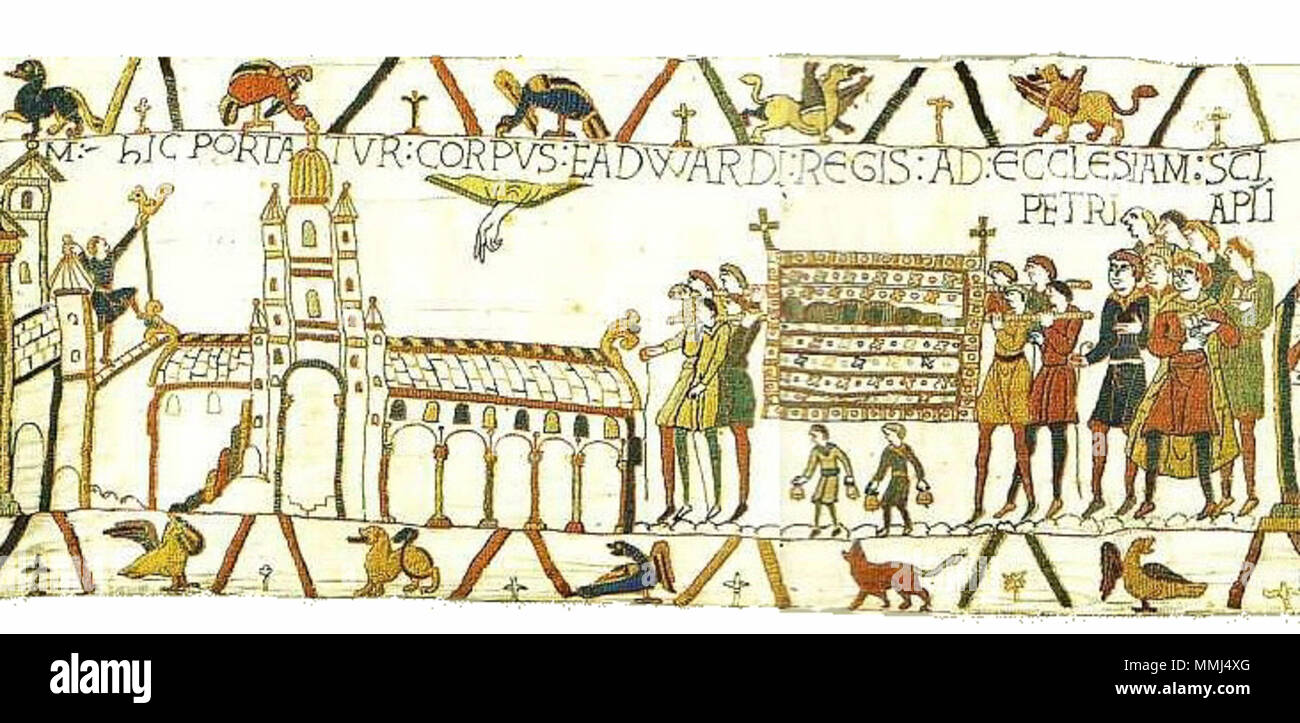 . Inglese: Arazzo di Bayeux. Scena 26 HIC PORTATUR CORPUS EADWARDI REGIS AD ECCLESIAM S[un]C[T]I PETRI AP[OSTO]LI qui il corpo del re Edward è portato alla chiesa di San Pietro Apostolo w:Arazzo di Bayeux tituli#26 . Il 27 ottobre 2011. Immagine sul sito web di Ulrich dure. BayeuxTapestryScene26 Foto Stock