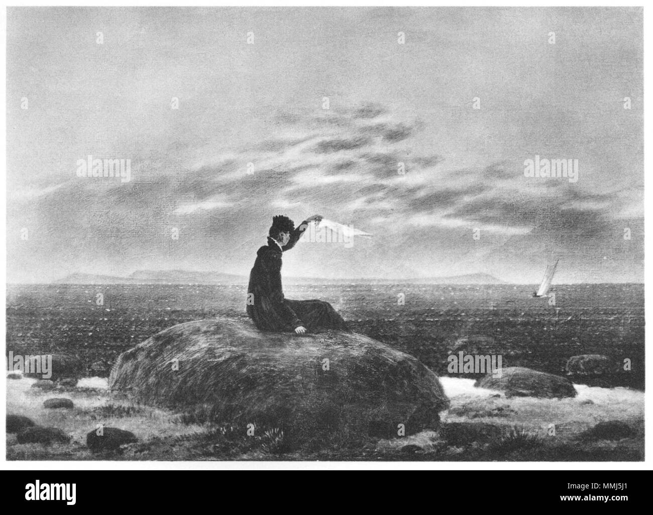 Dame am Meeresstrand, Einem Boot zuwinkend. circa 1830. Caspar David Friedrich Dame am Meeresstrand Foto Stock