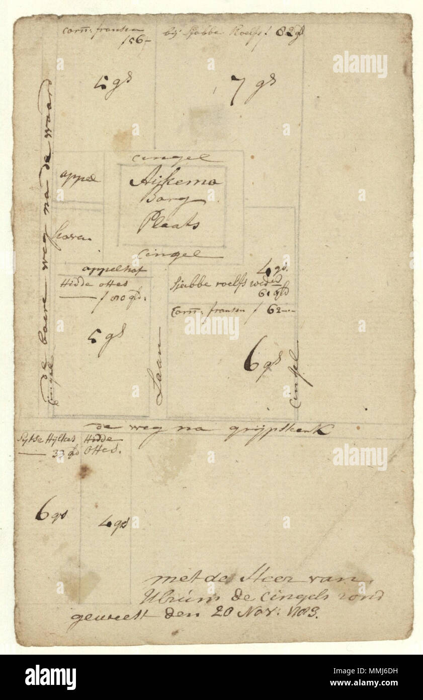 . Nederlands: Schetskaart van de borgplaats Aijkemaborg, met de singels en appelhoven en enige bijbehorende percelen. Met vermelding van de grootte en de gebruikers der bijbehorende percelen. È Onderaan geschreven: met de Heer van Ulrum de cingels rond geweest den 20 nov. 1783 . 1783. Onbekende illustrator Borgplaats Aykemaborg Grijpskerk (1783) Foto Stock