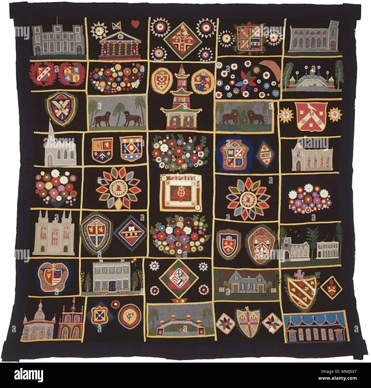 . Inglese: Bedcover intitolata "edifici, gli animali e gli schermi", c. 1890 cotone, ad armatura a tela con complementari di trame di modellazione formanti taglio velluto solido; perforato; appliquéd con cotone, lana e seta, pianura, twill, e raso di tessiture, alcuni con pila supplementare orditi o trame formando tagliare solido o intonso annullate pila, alcuni con modellazione complementare orditi, alcuni con complementari orditi o trame, e alcuni stampati; ricamato in seta in singoli punti raso; adagiandosi 256.2 x 255.7 cm (100 7/8 x 100 1/2 in.) . circa 1890. Copriletto intitolata "edifici, gli animali e gli schermi", autore ignoto 11 189 Foto Stock