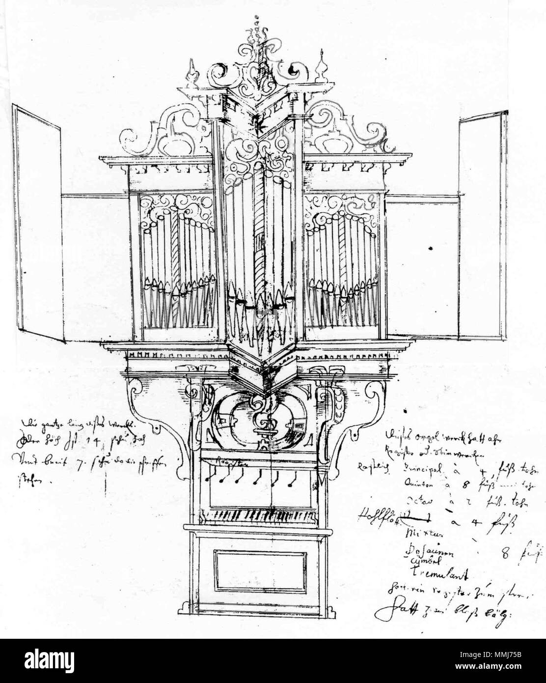 . Disegno Georg Henrich Wagner: Organo in Breidenbach, Distretto Marburg-Biedenkopf, Hesse, Germania . 1639. de:Georg Henrich Wagner Breidenbach Wagner-Orgel 1639 Foto Stock