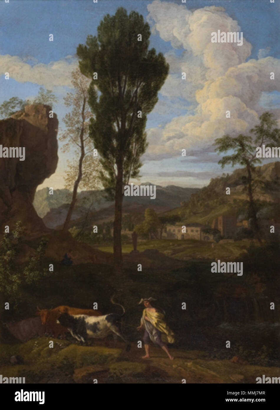 . Nederlands: Arcadisch landschap incontrato Mercurius en Io. olio su tela. 124 × 90 cm (48,8 × 35,4 in). L'Aia, Stichting Historische Verzamelingen van het Huis Oranje-Nassau, in bruikleen van het RCE (B946). Vroeger Rijksmuseum Amsterdam (SK-A-118). . Tra 1680 e 1726. Johannes Glauber (1646-circa 1726) nomi alternativi Jan Glauber, Polidoor, Polidor, Polidoro, Polydoor, critica Polydor, Polydoro Descrizione pittore olandese, disegnatore e incisore e pittore ornamentali Data di nascita e morte 18 maggio 1646 (battezzato) circa 1726 Luogo di nascita e morte Utrecht Schoonhoven sede di lavoro Haar Foto Stock