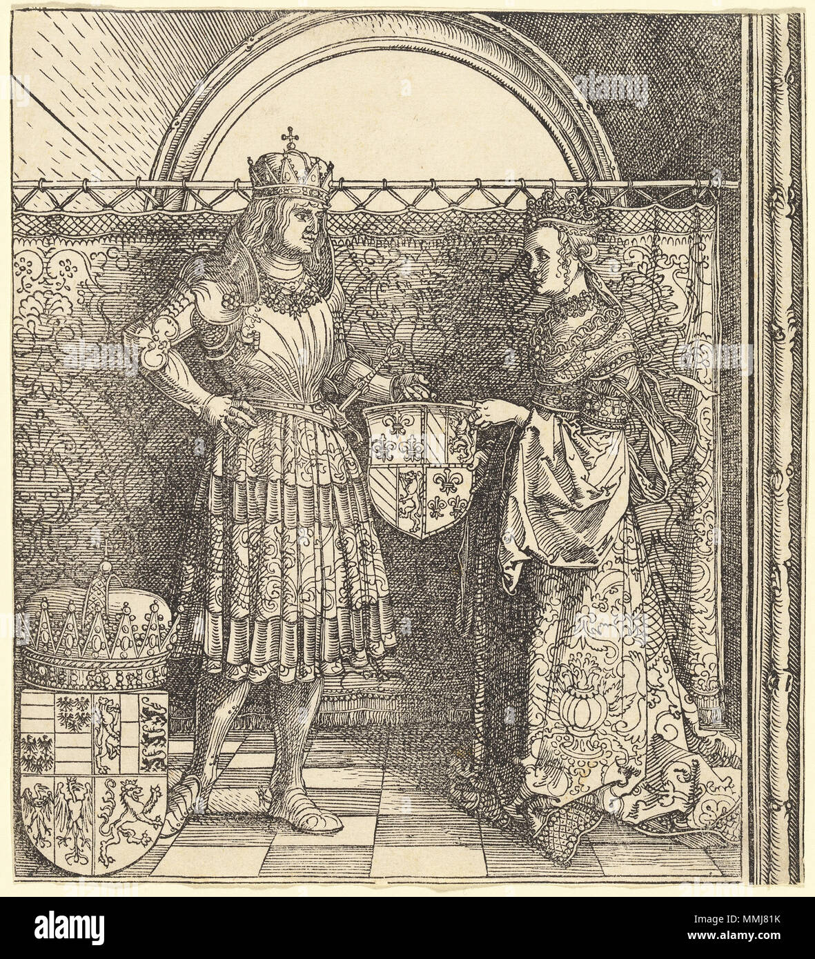 D11471.jpg Albrecht Dürer, il fidanzamento di Massimiliano con Maria di Borgogna, Tedesco, 1471 - 1528, 1511, xilografia, Rosenwald Collection Albrecht Dürer - il fidanzamento di Massimiliano con Maria di Borgogna (NGA 1964.8.696.a) Foto Stock