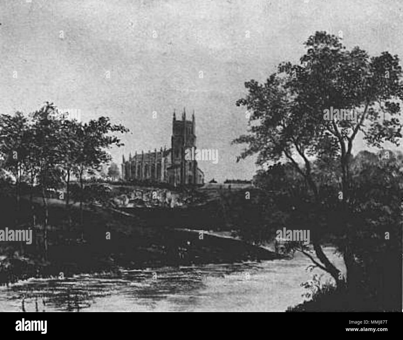 . Inglese: la Chiesa di Cristo, Attercliffe nel 1826 attraverso il fiume Don. La rupe per cui Attercliffe è chiamato può essere visto di fronte alla chiesa. . 1826. 62 sconosciuto Attercliffe riverside Foto Stock