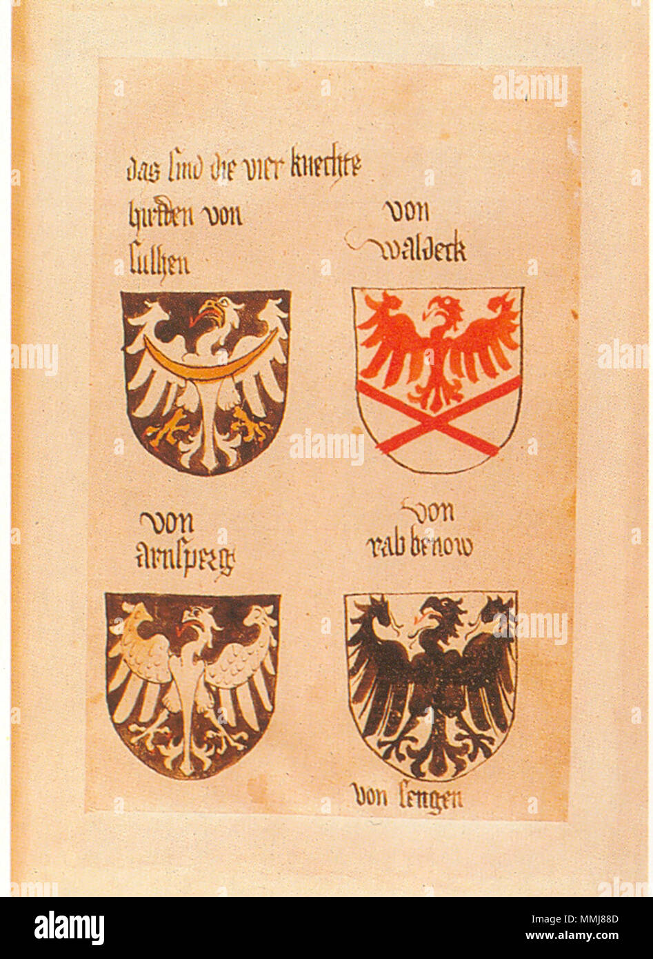 . Ingeram-Codex der ehemaligen Bibliothek Cotta das sind die vier knechte hirtden von/sulhen von/waldeck von/arnsperg von/rabbenow/von sengen . 1459. Hans Ingeram e una cosiddetta Exempla-master Codex Ingeram 060 Foto Stock